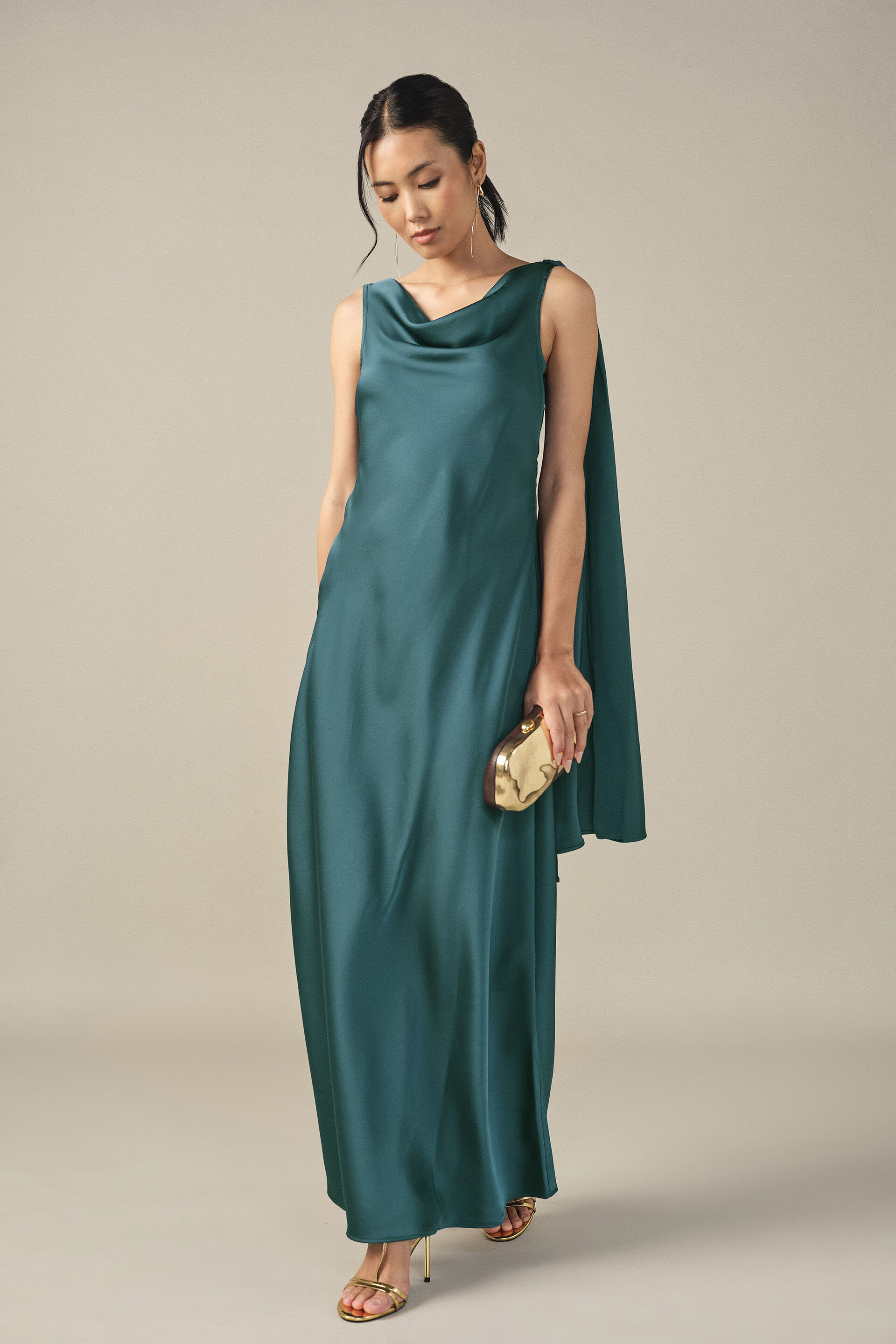Cowl Maxi Satin Gown in Teal, Teal, image 2